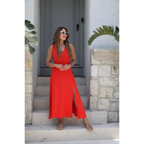 Kadın Askılı V Yakalı Yırtmaçlı Viskon Elbise