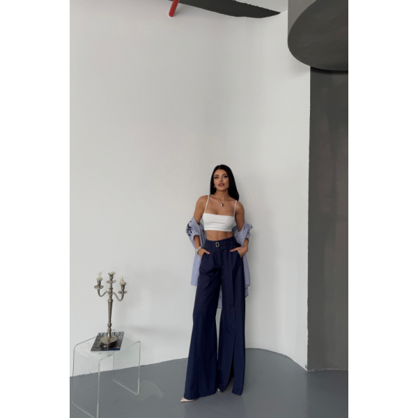 SALAŞ ÖNDEN YIRTMAÇ DETAYLI BEL KEMERLİ PANTOLON - Lacivert