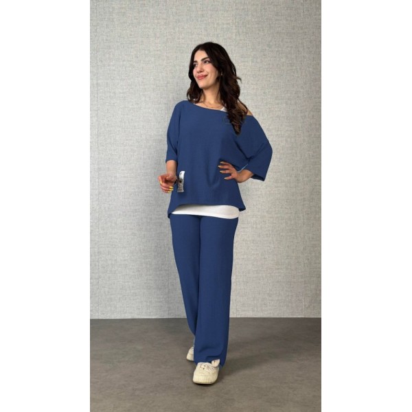 Kadın Kısa Kollu Omuzlardan Açık Yarasa Kollu Bürümcük Bluz Ve Pantolon Ve Viskon Atlet