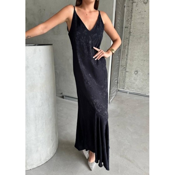 JAKARLI ASKILI SATEN ELBİSE ASİMETRİK - Siyah