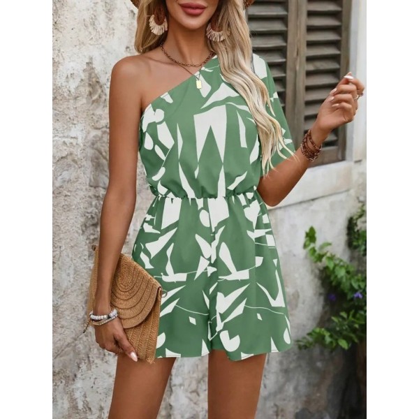 Kadın Tek Omuzdan Açık Beli Lastikli Desenli Süprem Tulum