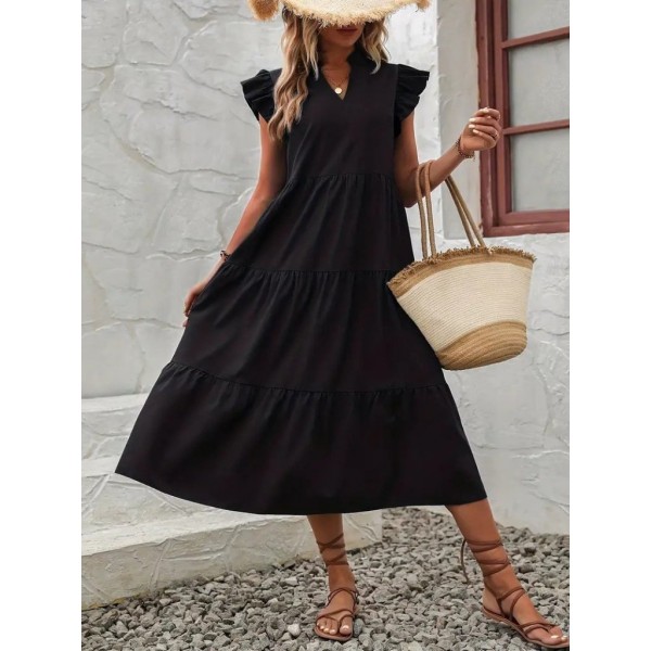 Kadın Kısa Kollu V Yakalı Geniş Kesim Uzun Trikoton Elbise