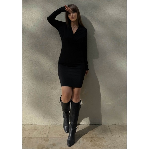 Kadın Uzun Kollu Kruvaze Yaka Krep Mini Boy Elbise