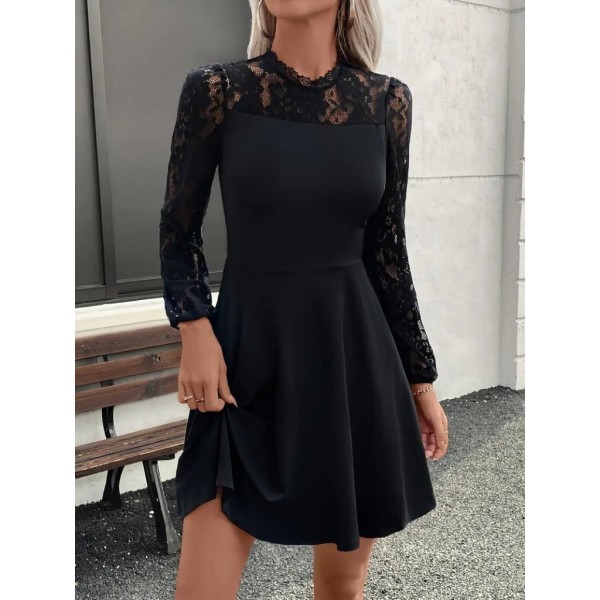 Kadın Uzun Kollu Dantelli Kloş Mini Ithal Krep Elbise