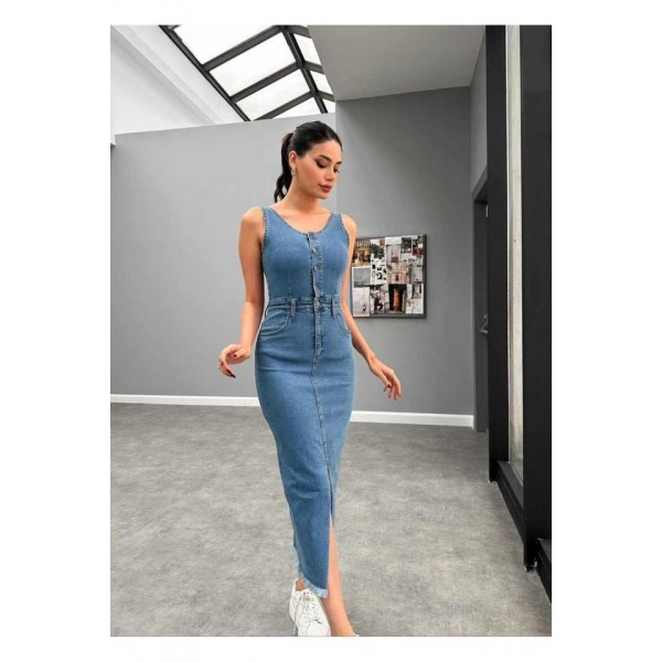 Mavi Likralı Kot Jile Elbise