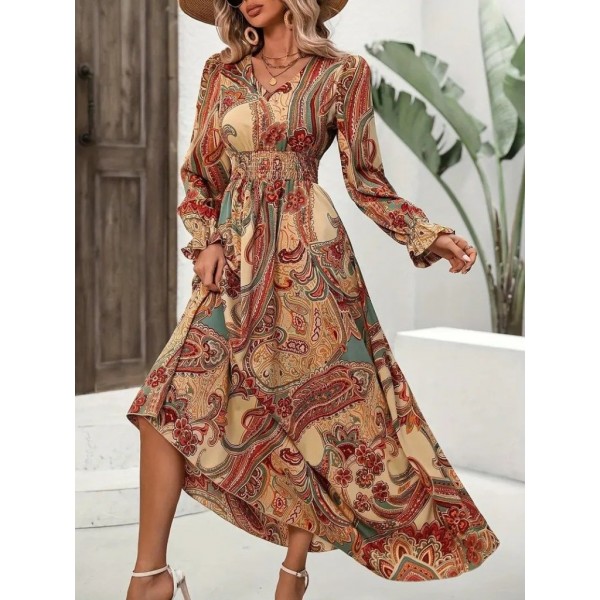 Kadın Uzun Kollu V Yakalı Beli Lastikli Desenli Süprem Elbise