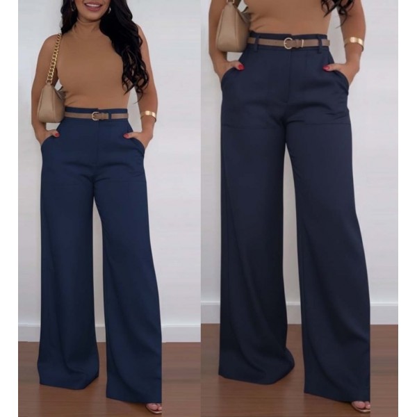 Kadın Yüksek Bel Geniş Paça Detaylı Cepli Ithal Krep Pantolon (kemersiz)