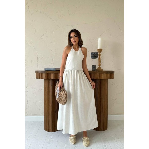 Bej Arkası Gipeli Keten Elbise