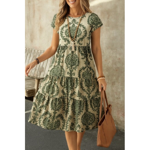 Kadın Kısa Kollu Bisiklet Yaka Desenli Fırfırlı Süprem Elbise