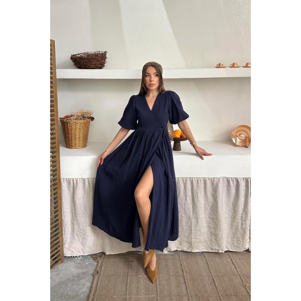 Lacivert Müslin Uzun Elbise