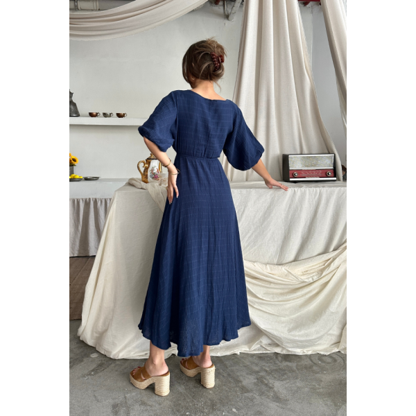 V YAKA BEL BONCUK BAĞLAMALI MÜSLİN ELBİSE YIRTMAÇ DETAYLI - Lacivert