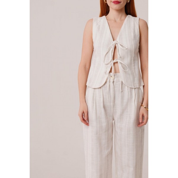 Ön Bağlama Detaylı Yelek Ve Pantolon Ekru Çizgili İkili Takım