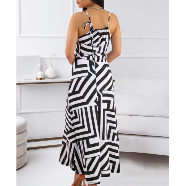 Kadın Askılı Belden Bağlamalı Geometrik Desen Krep Elbise