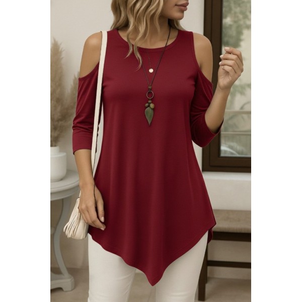 Kadın Omuzlardan Açık Sıfır Yaka Asimetrik Kesim Detay Viskon Bluz