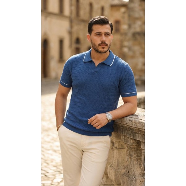 Erkek Zikzak Dokulu Yakalı Kısa Kollu Triko