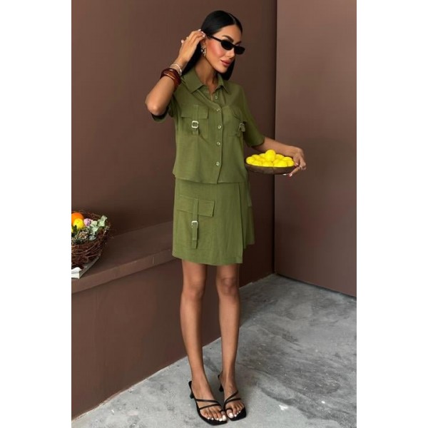 Gömlek Şort Etek Viscon Keten Takım 10162