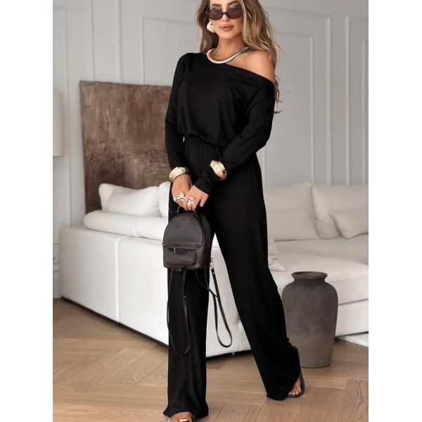 Kadın Tek Omuzdan Açık Uzun Kollu Belden Bağcıklı Uzun Viskon Iki Iplik Tulum