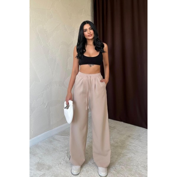 Bej Yanları Şeritli Pantolon