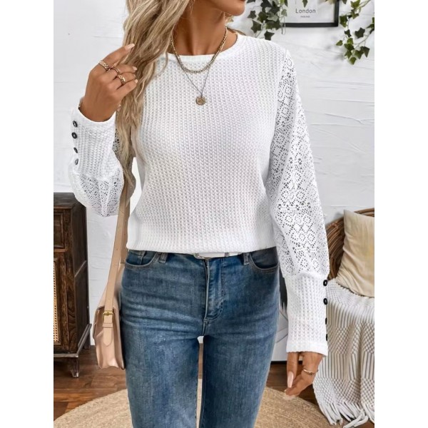 Kadın Uzun Kollu Bisiklet Yaka Kolları Tüllü Waffle Bluz