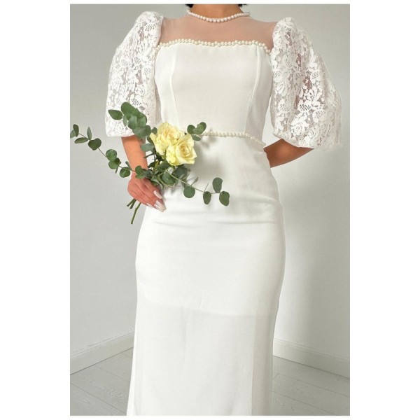 Beyaz İncili Tül Detay Elbise