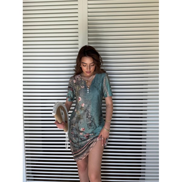 Kadın Kısa Kollu V Yakalı çiçek Baskılı Midi Süprem Elbise