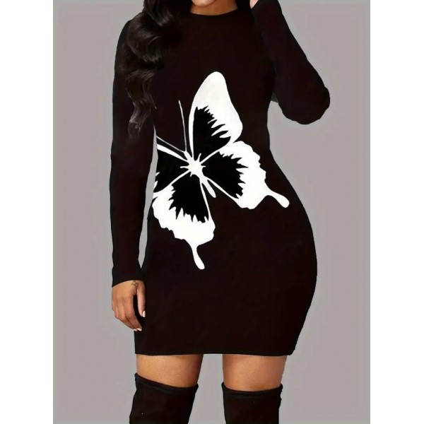 Kadın Uzun Kollu Bisiklet Yaka Kelebek Desenli Kısa Viskon Iki Iplik Elbise