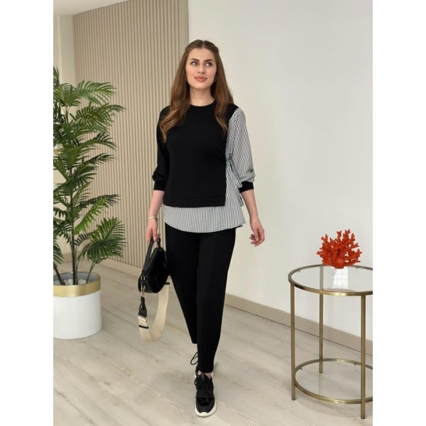 Kadın Gömlek Detay çizgili Yandan Bağlamalı Ikili Takım