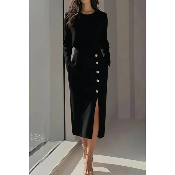 Kadın Uzun Kollu Bisiklet Yakalı Yandan Yırtmaçlı Düğmeli Midi Ithal Krep Elbise