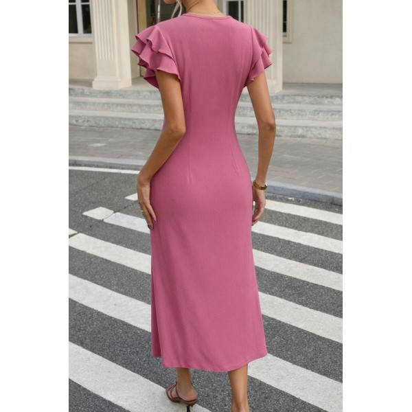 Kadın Kısa Kollu V Yakalı önden Düğmeli Bürümcük Midi Elbise