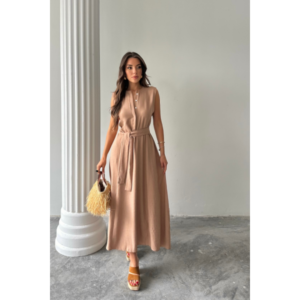 KETEN ELBİSE KOLSUZ BEL BAĞLAMALI MAXİ ELBİSE - Kahverengi