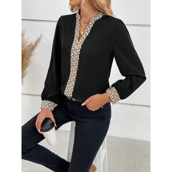 Kadın Uzun Kollu V Hakim Yakalı Desenli Ithal Krep Bluz