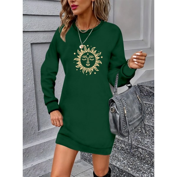 Kadın Uzun Kollu Bisiklet Yaka Güneş Desenli Viskon Iki Iplik Elbise