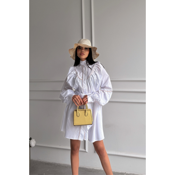 ÖNDEN DÜĞMELİ POPLİN KLOŞ ELBİSE BAĞLAMA KEMER DETAYLI - Beyaz