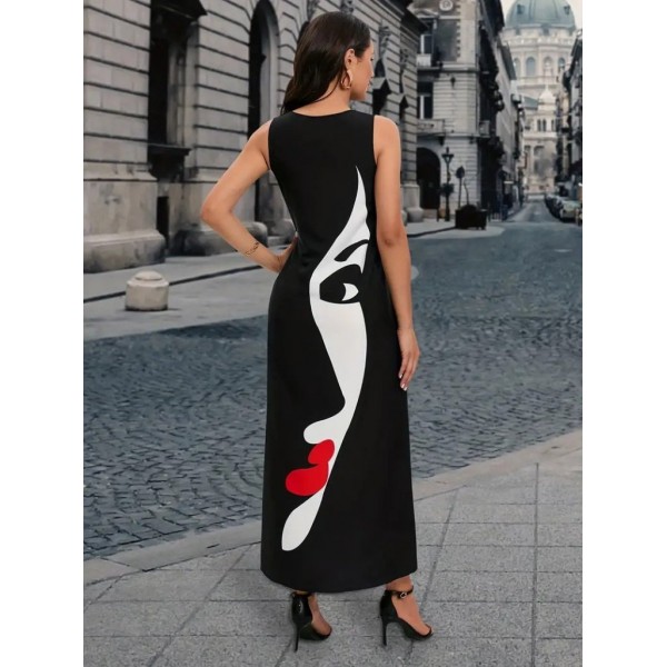 Kadın Sıfır Kol V Yakalı Kadın Yüz Desenli Süprem Elbise