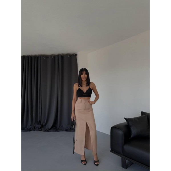 GABARDİN UZUN ÖNDEN YIRTMAÇLI ETEK - Kahverengi