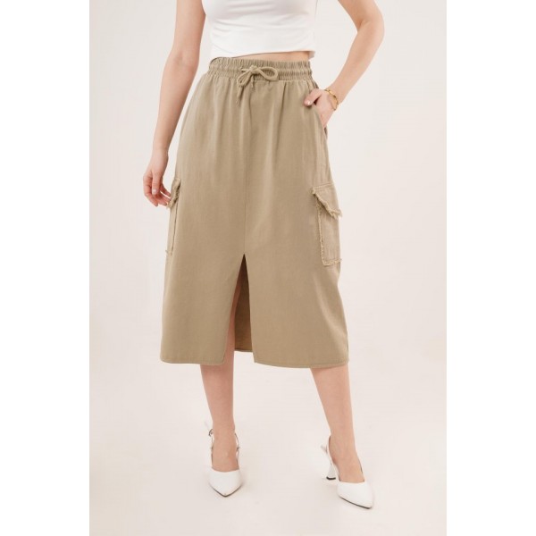 Ön Yırtmaçlı Cep Detaylı Haki Etek