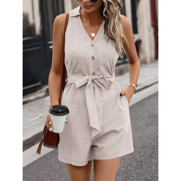 Kadın Sıfır Kollu Yakalı Düğmeli Belden Kuşaklı Kısa Keten Tulum