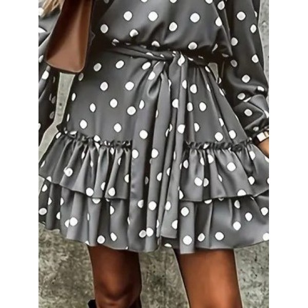 Kadın Uzun Kollu V Yakalı Belden Kuşaklı Puantiyeli Mini Modal Elbise