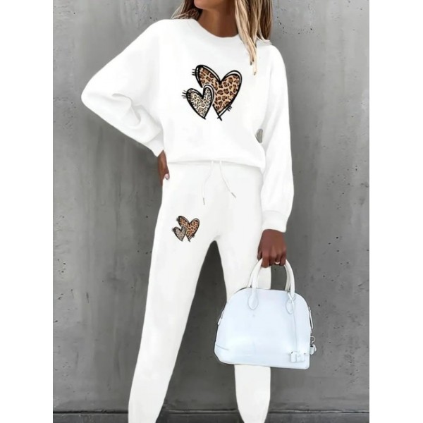 Kadın Uzun Kollu Bisiklet Yaka Kalp Desenli şardonlu üç Iplik Bluz Ve Pantolon Ikili Takım