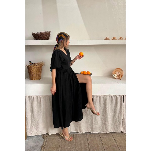 Siyah Müslin Uzun Elbise