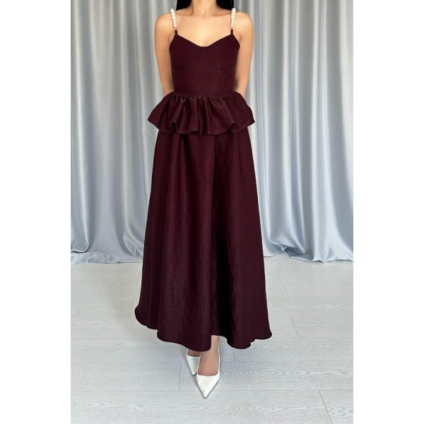 Bordo Beli Büzgülü İnci Askılı Uzun Elbise