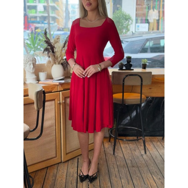 Kadın Kare Yaka Truvakar Kol Fırsat ürün Midi Boy Elbise