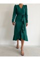 Kadın Yeşil Krep Kumaş Midi Boy Kuşaklı Uzunkol Elbise