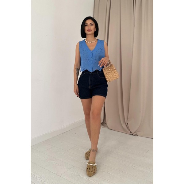 Mavi Sıfır Kol Brode Bluz