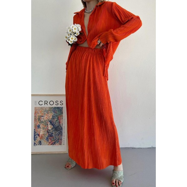 Oranj Fitilli Gömlek Ve Uzun Etek Takım