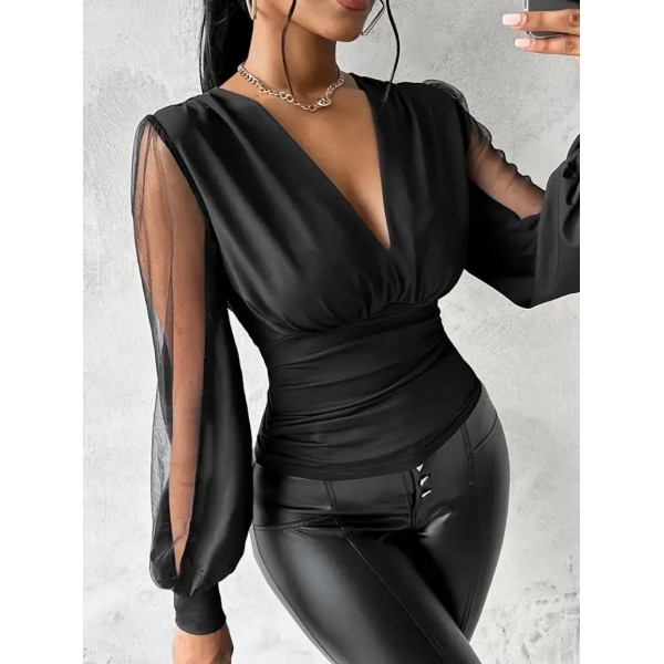 Kadın Uzun Yırtmaç Tül Detaylı Derin V Yakalı Sandy Bluz