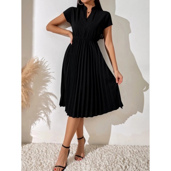 Kadın Kısa Kollu Hakim V Yakalı Pileli Janjan Krep Elbise