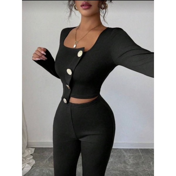 Kadın Uzun Kol Kare Yaka Asimetrik Düğme Detay Bluz Ve Yüksek Bel Pantolon Ikili Takım