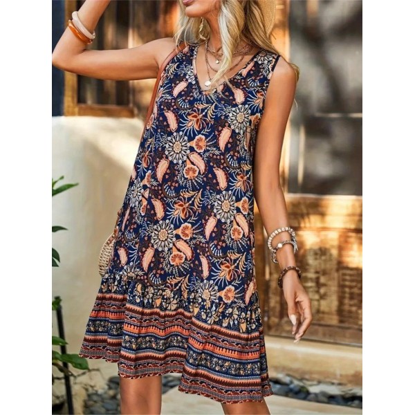 Kadın Askılı V Yakalı Fırfırlı Desenli Süprem Kısa Elbise