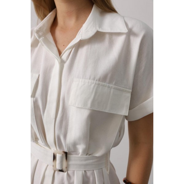 Kuşaklı Cep Detaylı Yarım Kol Elbise - Beyaz